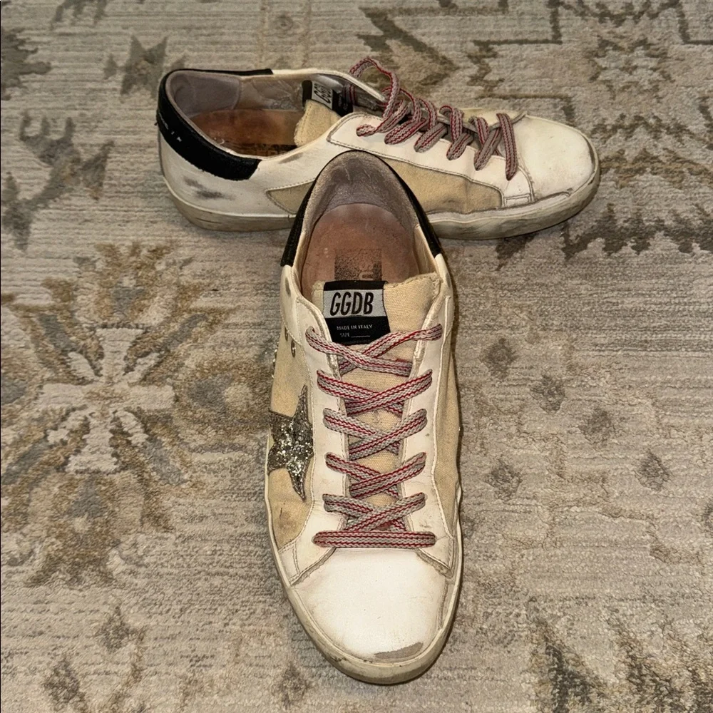 Golden Goose White Leather/Canvas Sneakers with Silver Glitter Star - Picture 10 of 14